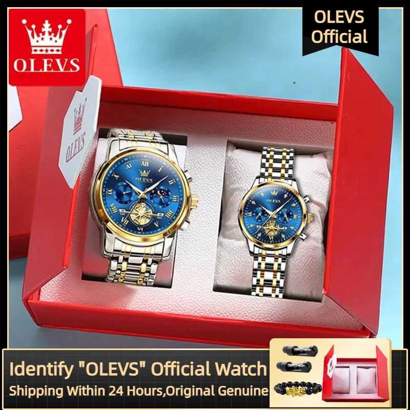 OLEVS Luxury Brand Quartz Couple Watch Waterproof Luminous Lunar Phase Timing Code Watch Lover Date Clock His or Her Watch Set