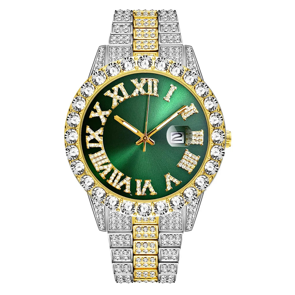 Hot Sale Diamond Bling Watch Men Gold Color Luxury Gift Quartz Watches Male Clock Dropshipping  Rhinestone Calendar Wristwatch