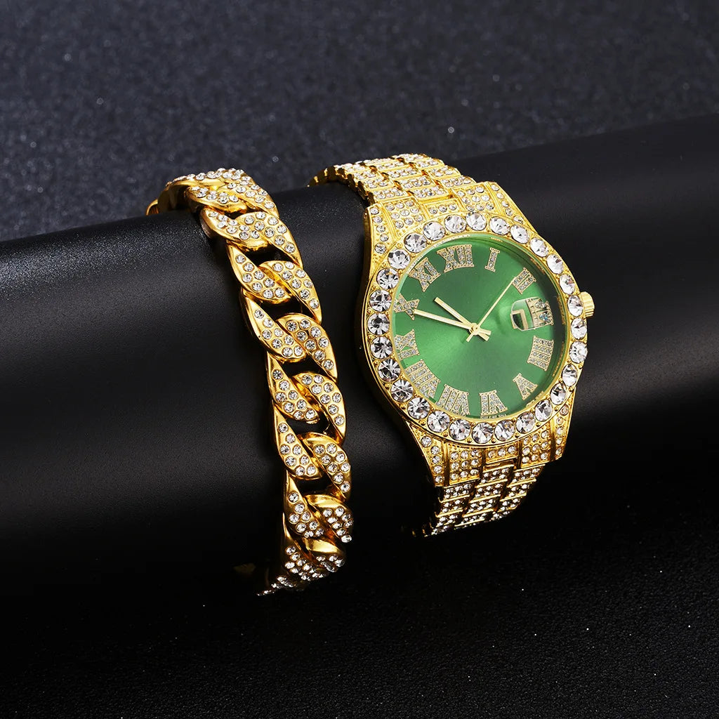 Hot Sale Diamond Bling Watch Men Gold Color Luxury Gift Quartz Watches Male Clock Dropshipping  Rhinestone Calendar Wristwatch