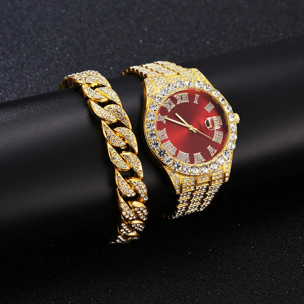 Hot Sale Diamond Bling Watch Men Gold Color Luxury Gift Quartz Watches Male Clock Dropshipping  Rhinestone Calendar Wristwatch