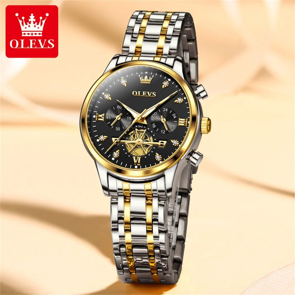 OLEVS Luxury Brand Quartz Couple Watch Waterproof Luminous Lunar Phase Timing Code Watch Lover Date Clock His or Her Watch Set