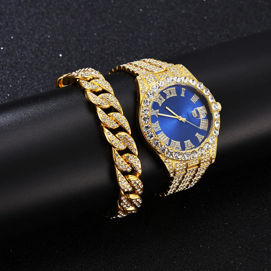 Hot Sale Diamond Bling Watch Men Gold Color Luxury Gift Quartz Watches Male Clock Dropshipping  Rhinestone Calendar Wristwatch