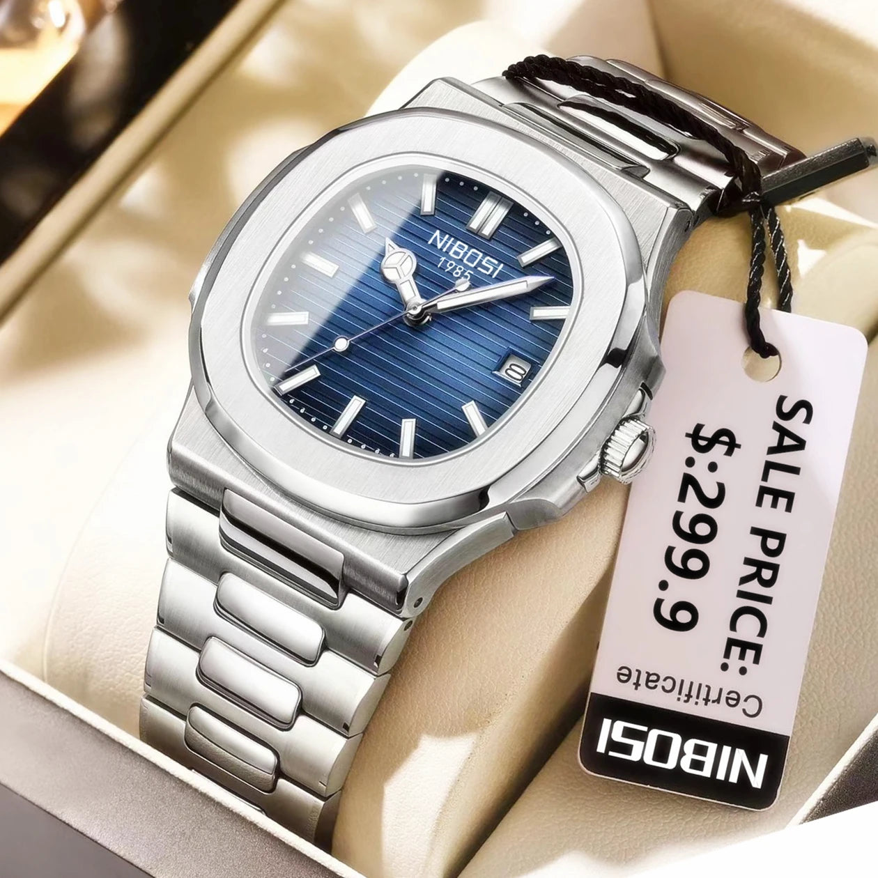 ساعة يد رجالية مربعة فاخرة من JOOENIOK مقاومة للماء ومضيئة من الجلد عالية الجودة + صندوق Reloj