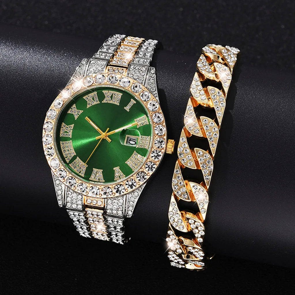 Hot Sale Diamond Bling Watch Men Gold Color Luxury Gift Quartz Watches Male Clock Dropshipping  Rhinestone Calendar Wristwatch