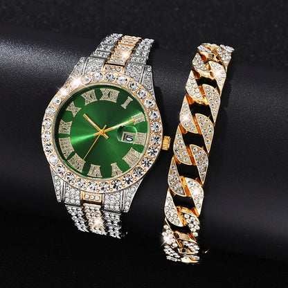 Hot Sale Diamond Bling Watch Men Gold Color Luxury Gift Quartz Watches Male Clock Dropshipping  Rhinestone Calendar Wristwatch