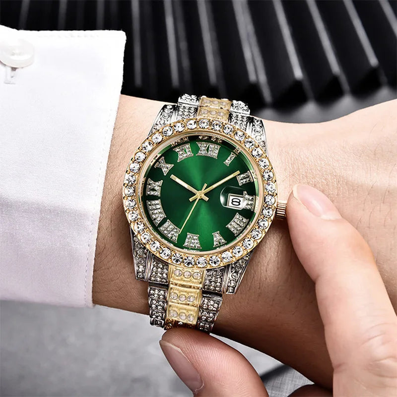 Hot Sale Diamond Bling Watch Men Gold Color Luxury Gift Quartz Watches Male Clock Dropshipping  Rhinestone Calendar Wristwatch