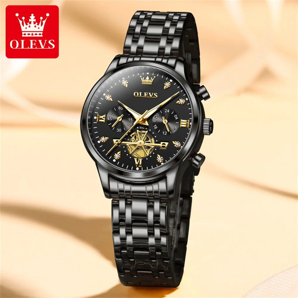 OLEVS Luxury Brand Quartz Couple Watch Waterproof Luminous Lunar Phase Timing Code Watch Lover Date Clock His or Her Watch Set