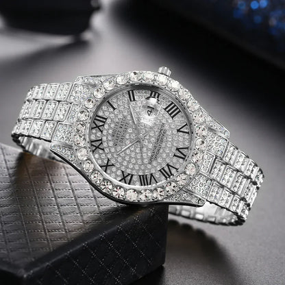 Hot Sale Diamond Bling Watch Men Gold Color Luxury Gift Quartz Watches Male Clock Dropshipping  Rhinestone Calendar Wristwatch