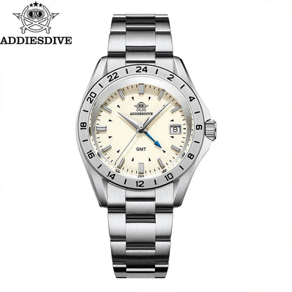 ADDIESDIVE New Watch For Men GMT Quartz Wristwatch AD2063 Sapphire Waterproof 200m Stainless Steel Bezel 38mm Gift Watch reloj