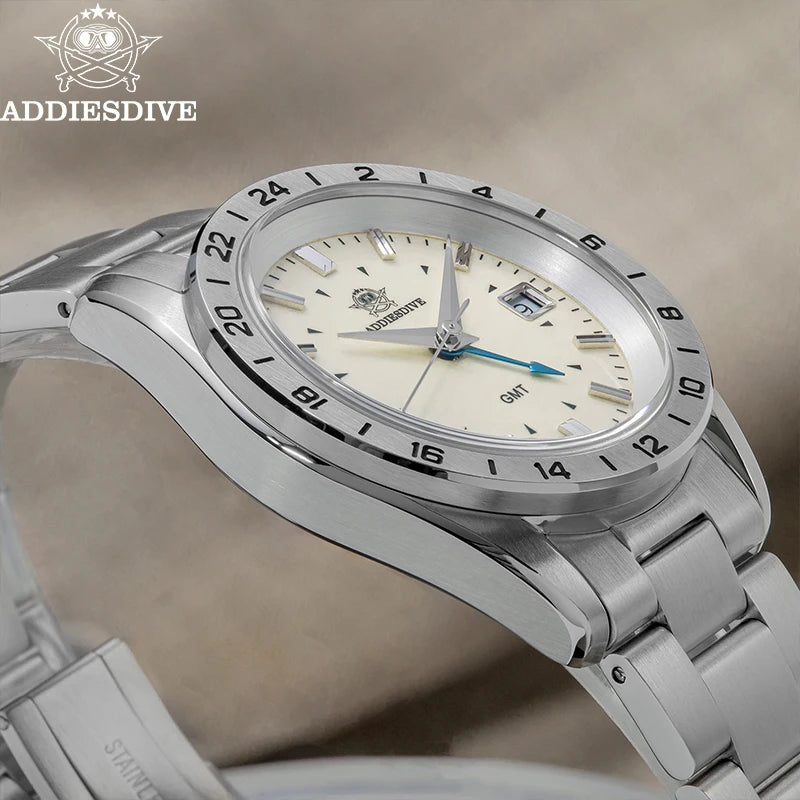 ADDIESDIVE New Watch For Men GMT Quartz Wristwatch AD2063 Sapphire Waterproof 200m Stainless Steel Bezel 38mm Gift Watch reloj