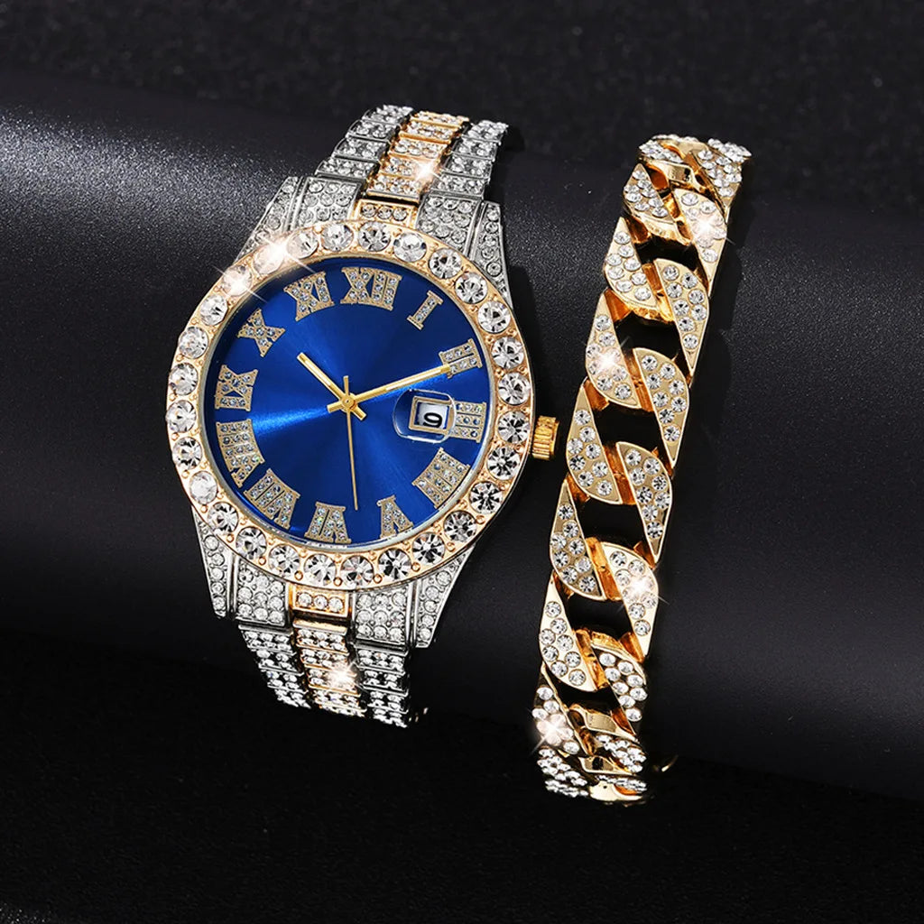 Hot Sale Diamond Bling Watch Men Gold Color Luxury Gift Quartz Watches Male Clock Dropshipping  Rhinestone Calendar Wristwatch