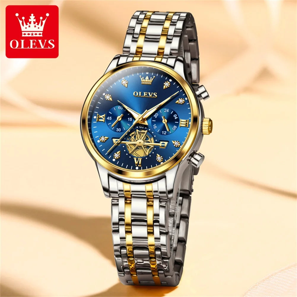 OLEVS Luxury Brand Quartz Couple Watch Waterproof Luminous Lunar Phase Timing Code Watch Lover Date Clock His or Her Watch Set