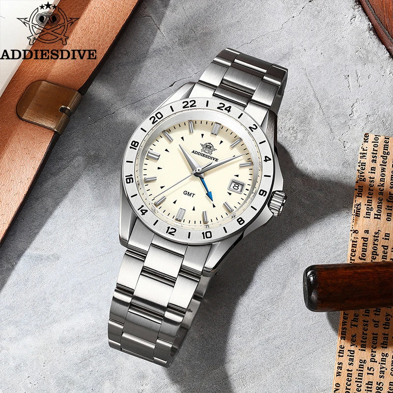 ADDIESDIVE New Watch For Men GMT Quartz Wristwatch AD2063 Sapphire Waterproof 200m Stainless Steel Bezel 38mm Gift Watch reloj