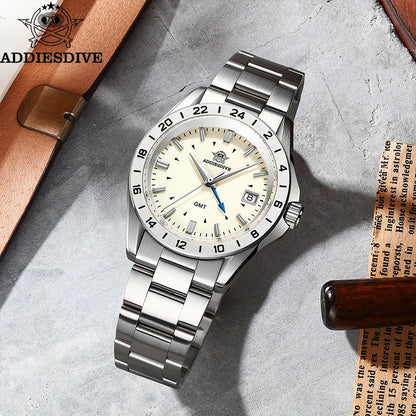 ADDIESDIVE New Watch For Men GMT Quartz Wristwatch AD2063 Sapphire Waterproof 200m Stainless Steel Bezel 38mm Gift Watch reloj