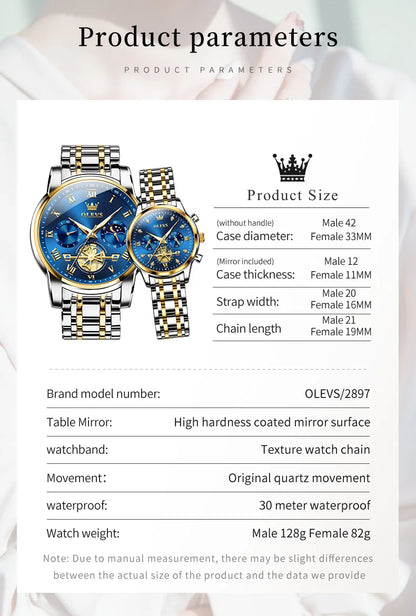 OLEVS Luxury Brand Quartz Couple Watch Waterproof Luminous Lunar Phase Timing Code Watch Lover Date Clock His or Her Watch Set