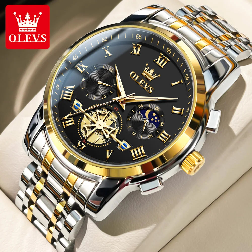 OLEVS Luxury Brand Quartz Couple Watch Waterproof Luminous Lunar Phase Timing Code Watch Lover Date Clock His or Her Watch Set
