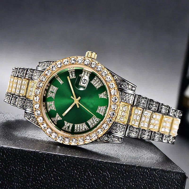 Hot Sale Diamond Bling Watch Men Gold Color Luxury Gift Quartz Watches Male Clock Dropshipping  Rhinestone Calendar Wristwatch