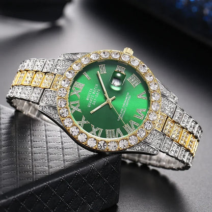 Hot Sale Diamond Bling Watch Men Gold Color Luxury Gift Quartz Watches Male Clock Dropshipping  Rhinestone Calendar Wristwatch