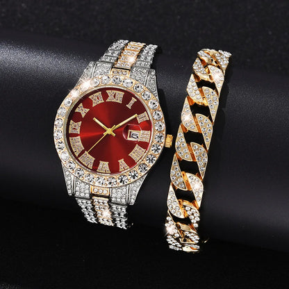Hot Sale Diamond Bling Watch Men Gold Color Luxury Gift Quartz Watches Male Clock Dropshipping  Rhinestone Calendar Wristwatch