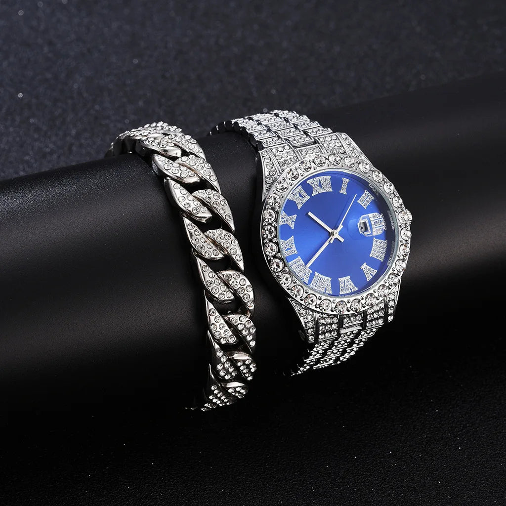 Hot Sale Diamond Bling Watch Men Gold Color Luxury Gift Quartz Watches Male Clock Dropshipping  Rhinestone Calendar Wristwatch